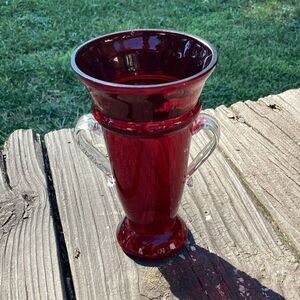Vintage Ruby Red Glass Vase with Handles 6" Hand Blown Art Deco Style